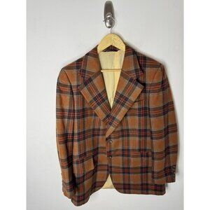 Vintage Country Squire Plaid Wool Sport Coat Men 40 Brown Orange Check 70s